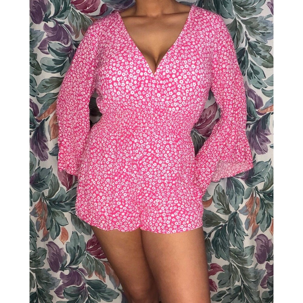 Pink Flare Sleeve Floral Shorts Romper